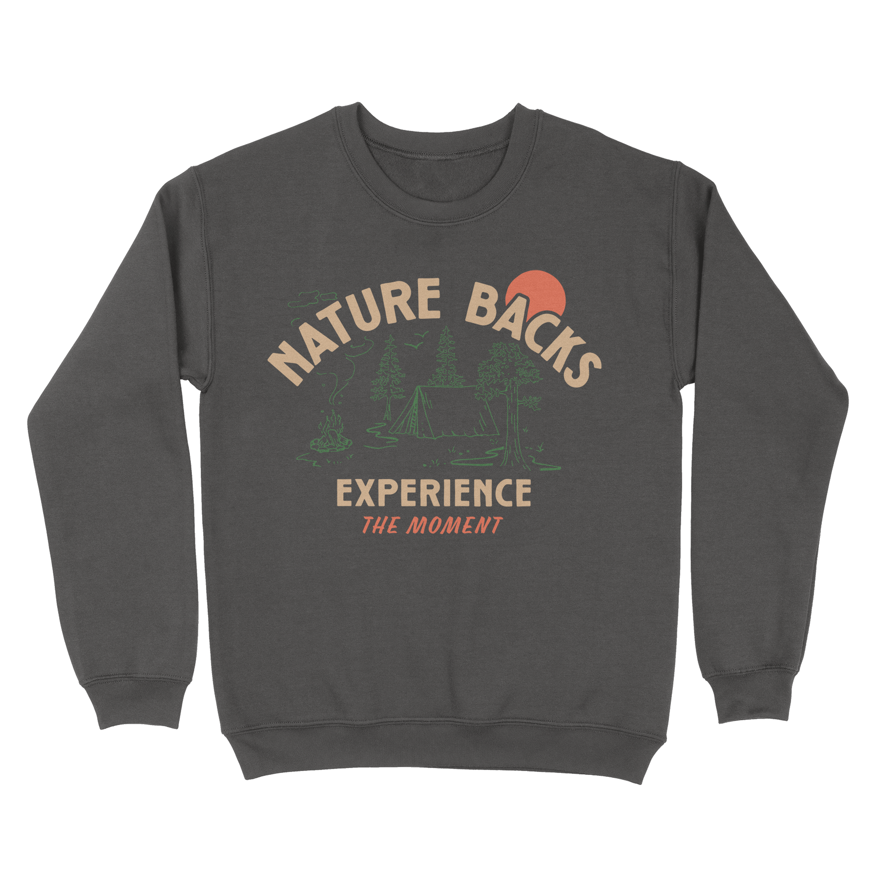 Nature Backs Comfort Wash Camp Charcoal Crewneck | Nature-Inspired Design on Ultra-Soft Fabric