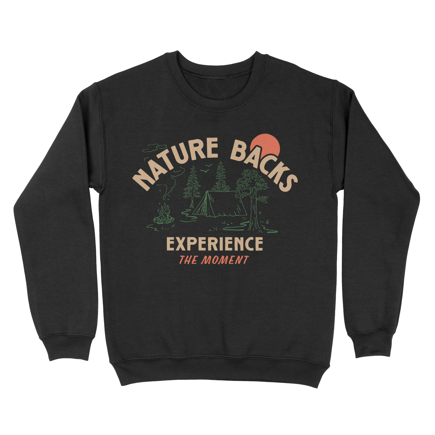 Nature Backs Comfort Wash Camp Black Crewneck | Nature-Inspired Design on Ultra-Soft Fabric