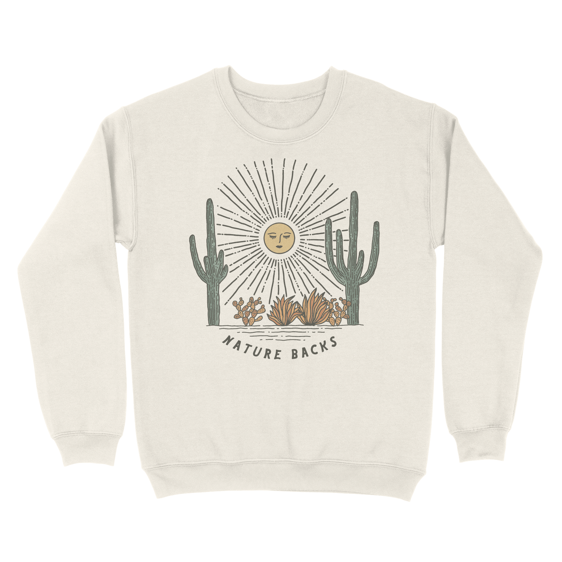 Nature Backs Comfort Wash Saguaro Ivory Crewneck | Nature-Inspired Design on Ultra-Soft Fabric