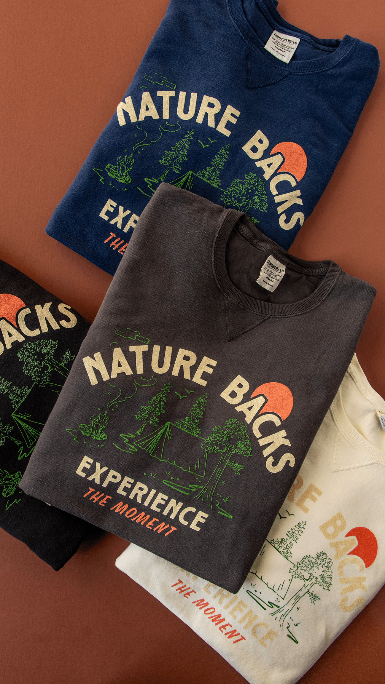 Nature Backs Comfort Wash Camp Charcoal Crewneck | Nature-Inspired Design on Ultra-Soft Fabric